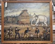 Satirical painting showing the construction of the Links Road. Several workmen are shown in the foreground, with a large white elephant being led by a donkey shown in the foreground. 'Road or no road that is the question' is written on the gable end of a building in the centre background.